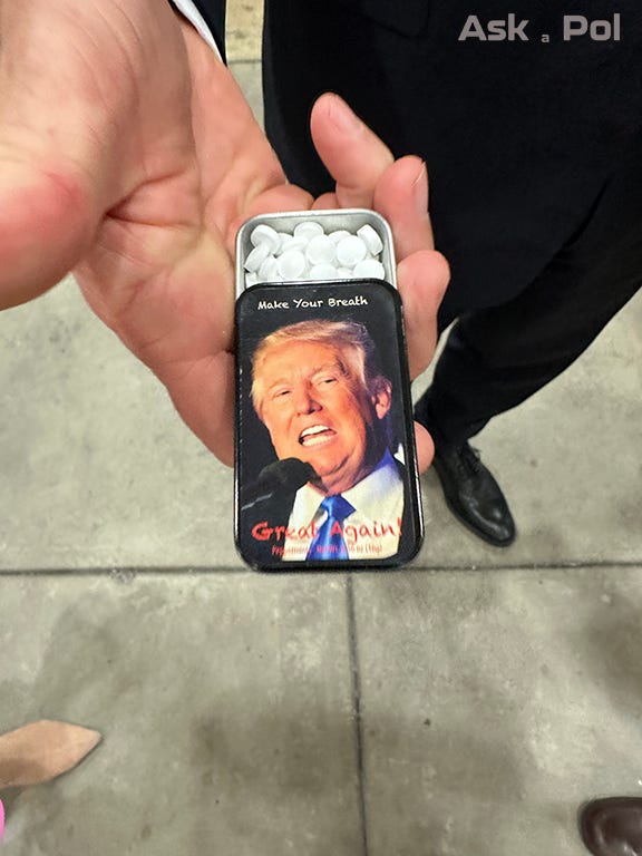 A tin with Trump's face on it reads Make Your Breath Great Again mints A tin with Trump's face on it reads Make Your Breath Great Again mints