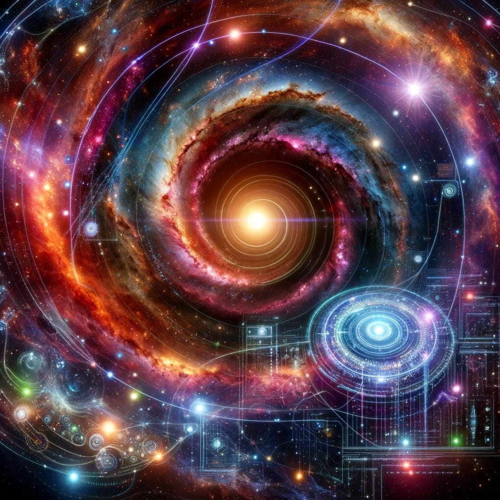 Envision an interstellar masterpiece where technology merges with a galaxy in a more profound, epic manner. The galaxy is a dazzling display of swirling colors with a supermassive black hole at its heart. Interweaving with the cosmic spirals are advanced technological elements like neon circuitry, quantum computing matrices, and holographic interfaces that appear to control the flow of galactic energies. These technological aspects are detailed and intricate, suggesting a highly advanced civilization's handiwork. Light from the galaxy's core casts a radiant glow on everything, with algorithmic patterns and digital code layers adding depth to the scene, creating a sense of boundless innovation and cosmic wonder. Envision an interstellar masterpiece where technology merges with a galaxy in a more profound, epic manner. The galaxy is a dazzling display of swirling colors with a supermassive black hole at its heart. Interweaving with the cosmic spirals are advanced technological elements like neon circuitry, quantum computing matrices, and holographic interfaces that appear to control the flow of galactic energies. These technological aspects are detailed and intricate, suggesting a highly advanced civilization's handiwork. Light from the galaxy's core casts a radiant glow on everything, with algorithmic patterns and digital code layers adding depth to the scene, creating a sense of boundless innovation and cosmic wonder.