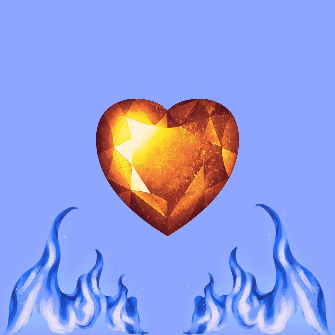 Un gros coeur orangé en diamant au-dessus de flammes bleues sur un fond bleu clair