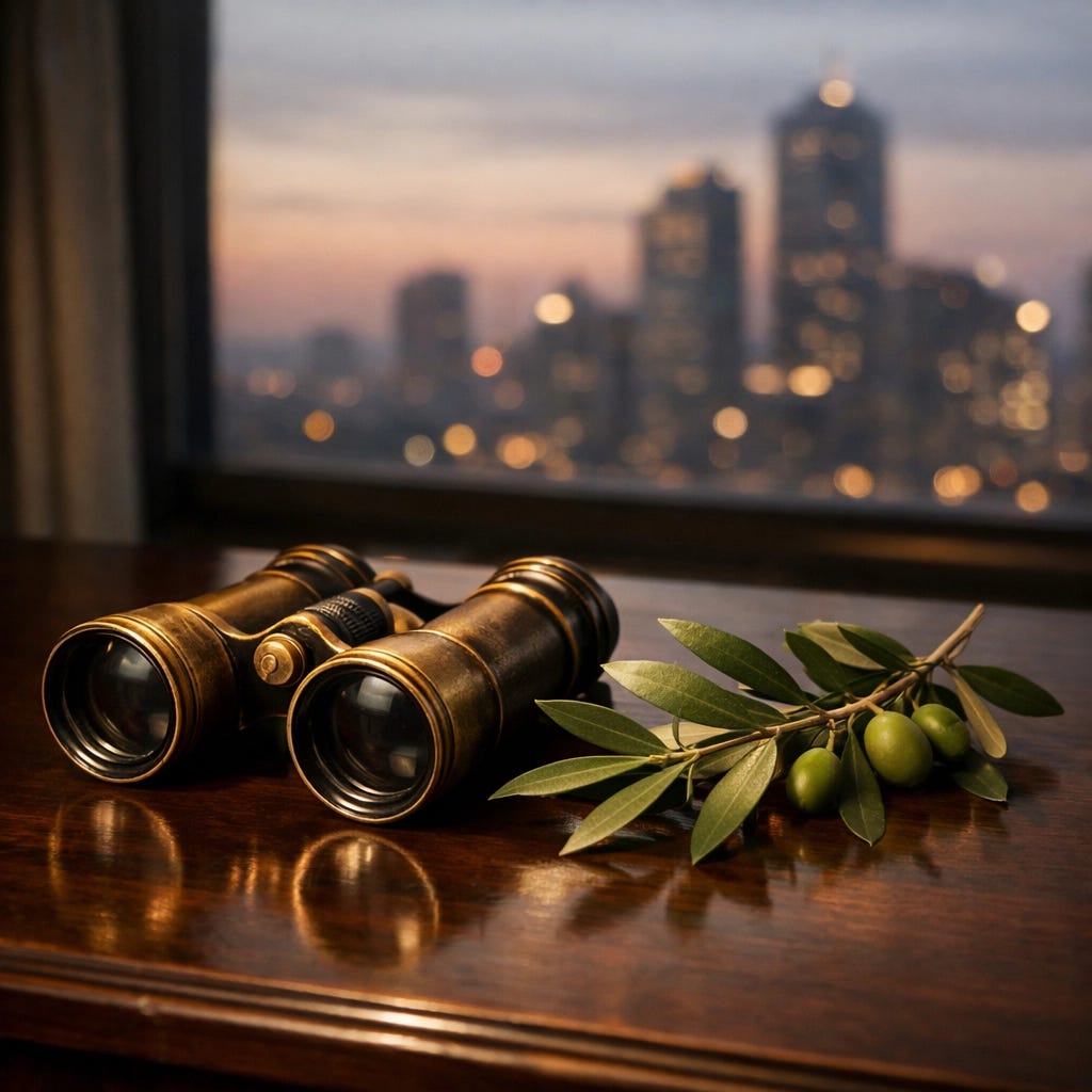 Brass binoculars and an olive branch on a desk representing prudent statesmanship and the search for peace | Dr. Marcus Peter