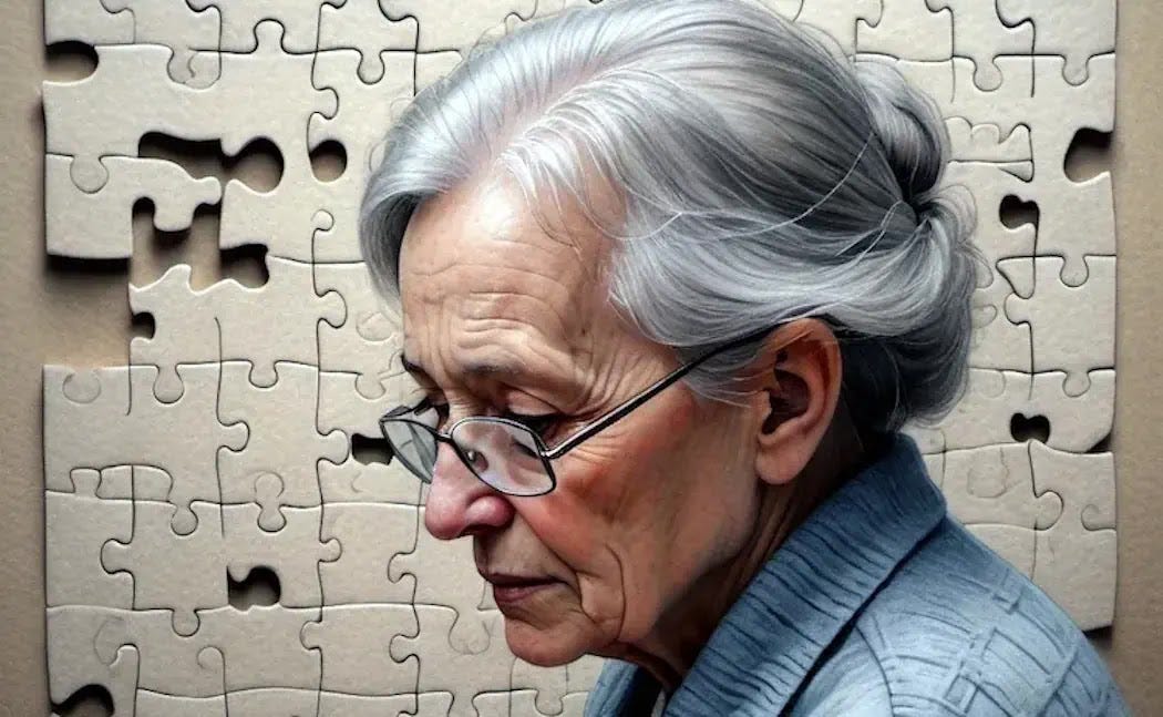Cognitive Decline: Puzzles and Aging Minds An older lady in the background is a puzzle, but it is evident that some pieces are missing. This scene symbolizes the presence of mild cognitive decline, where the woman's mental abilities may not be as sharp as they once were. The puzzle serves as a visual representation of the challenges she may face in completing tasks or remembering details.