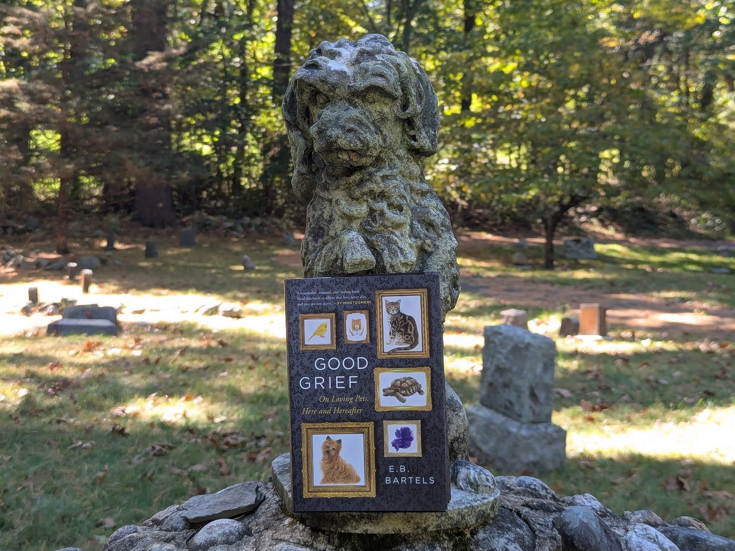 Headstone in a pet cemetery featuring the statue of a dog with a copy of GOOD GRIEF by E.B. Bartels propped up against it. Headstone in a pet cemetery featuring the statue of a dog with a copy of GOOD GRIEF by E.B. Bartels propped up against it.