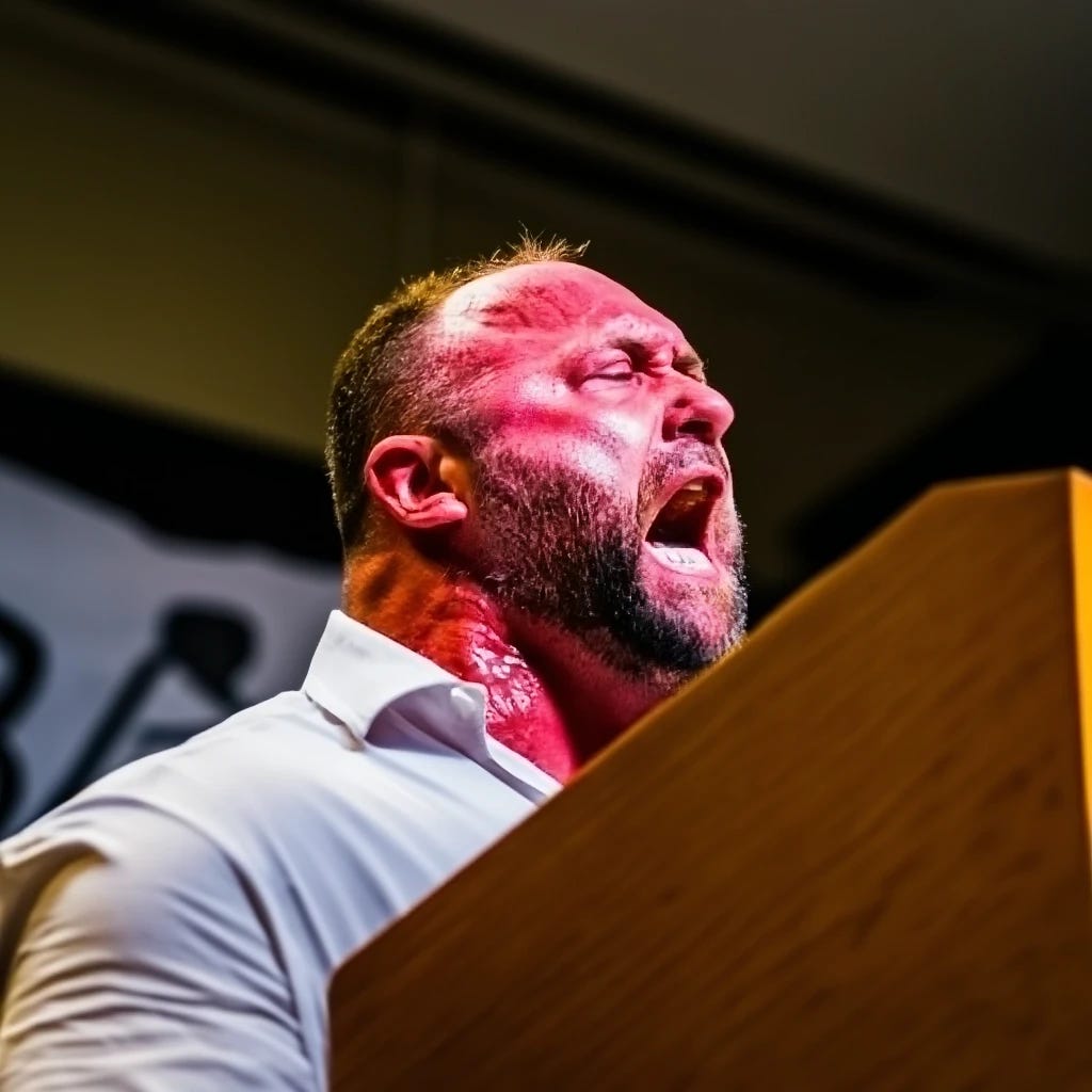 conspiracy alex jones yelling from a podium