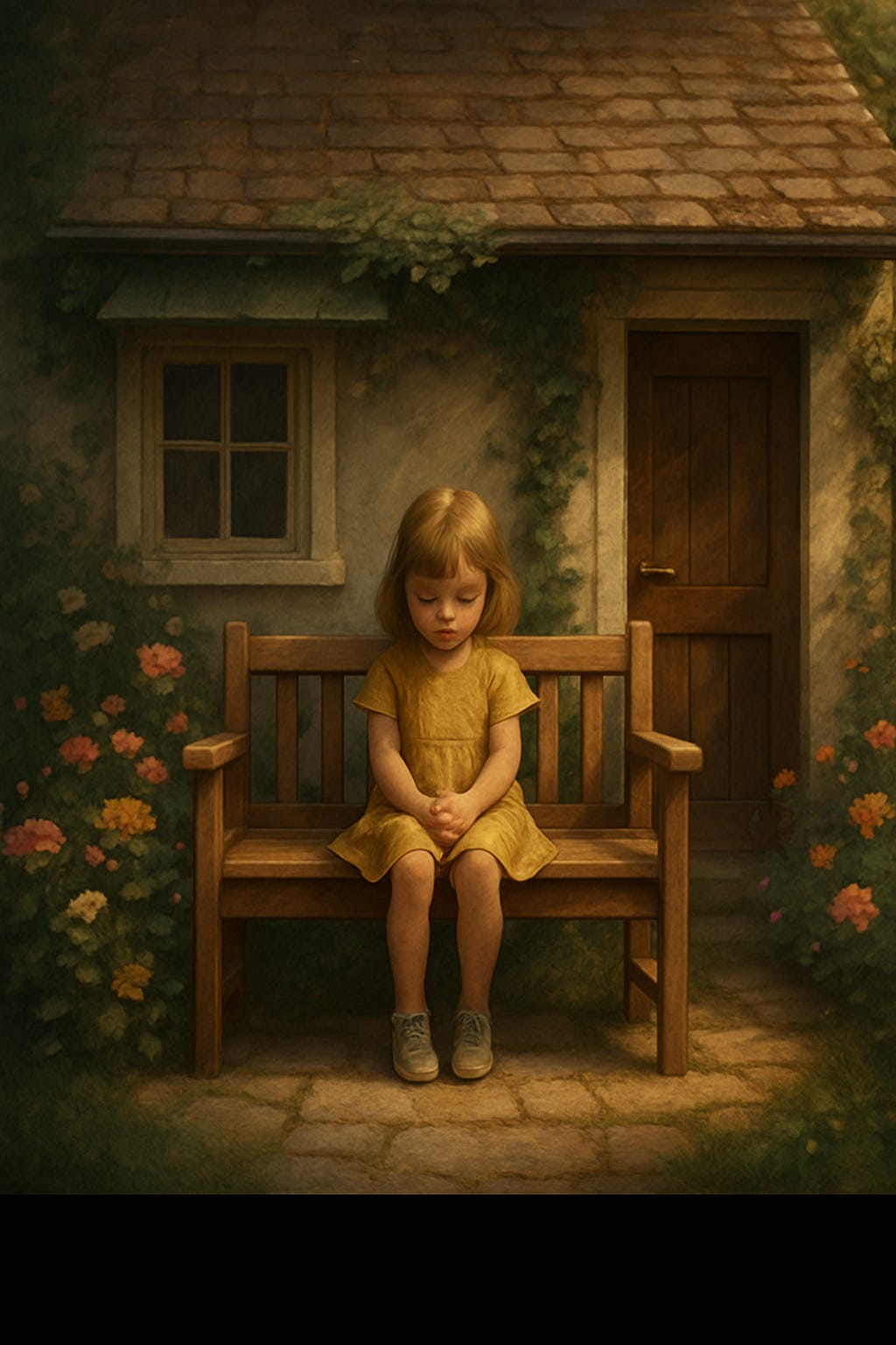 Figure 3 – When Structure Guides the Scene A young child on a bench, a house behind, and flowers all around, composed not by guessing, but by prompting through proportion. This image was created in a single attempt. While GRM and NFR are not yet embedded in the AI itself, they shaped how the prompt was written. By thinking in ratios, not labels, we guided the composition toward balance. Fewer words. Fewer iterations. Clearer results. Figure 3 – When Structure Guides the Scene A young child on a bench, a house behind, and flowers all around, composed not by guessing, but by prompting through proportion. This image was created in a single attempt. While GRM and NFR are not yet embedded in the AI itself, they shaped how the prompt was written. By thinking in ratios, not labels, we guided the composition toward balance. Fewer words. Fewer iterations. Clearer results.
