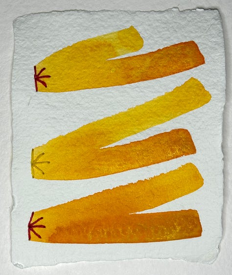 nine abstract paintings made with watercolor on cotton paper with Sashiko thread.