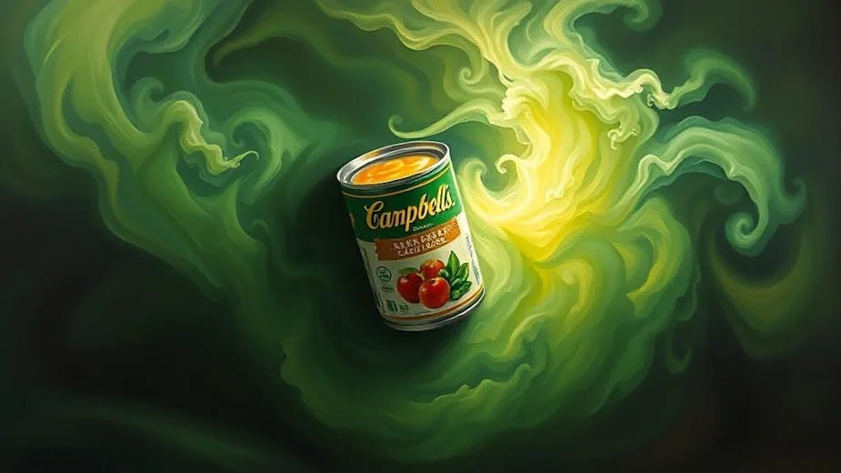 Canned soup suspended in green mist, highlighting hidden nutritional risks. Artistic painting of a canned soup floating in swirling green mist, representing hidden sodium, additives, and nutritional concerns.
