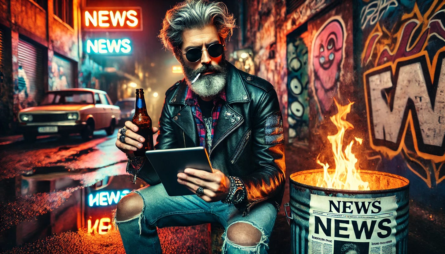 A cool, 1980s-inspired man with salt-and-pepper hair, a full beard, and sunglasses, wearing a vintage leather jacket and ripped jeans, sipping a beer while reading news on a tablet clearly labeled 'NEWS.' He stands next to a burning trash can filled with newspapers, the flames casting a warm glow on his face. The setting is a graffiti-covered urban alleyway, full of bold, colorful street art and neon lights. The wet pavement reflects the glow of neon signs, creating a retro-futuristic atmosphere reminiscent of 80s cyberpunk aesthetics. His outfit screams rebellious street style, blending vintage punk and synthwave elements.