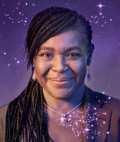 Close up, head and shoulders portrait of British Space Scientist Maggie Aderin-Pocock. Shot in Bow, east London, September 2023.