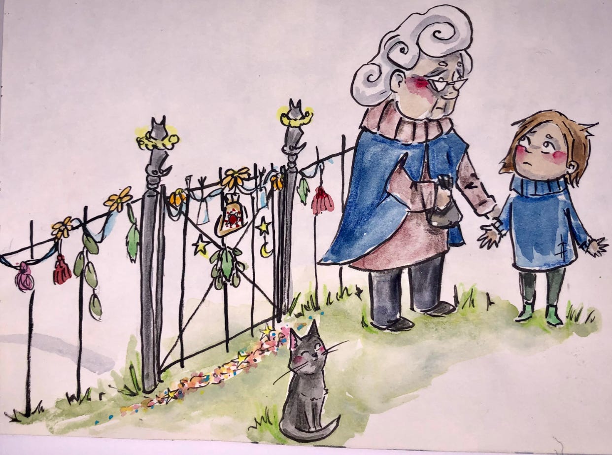 illustration granny decorated the garden gate