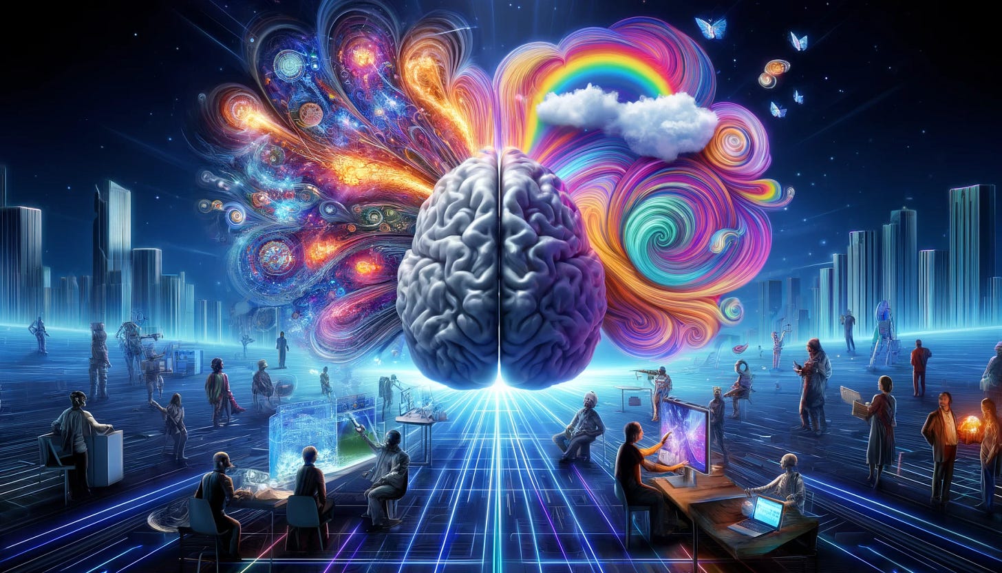 A futuristic and captivating scene showcasing the concept of AI hallucinations and their dual role in creativity and caution. In the center, a large digital brain emits a glowing web of data, symbolizing generative AI. To one side, artists, musicians, and innovators harness the swirling, colorful creative outputs from the brain to inspire new artwork and ideas. On the other side, scientists and analysts carefully examine the data streams, setting up clear boundaries to prevent misinformation. The contrasting sides highlight both the creative potential and the need for responsibility in AI usage.