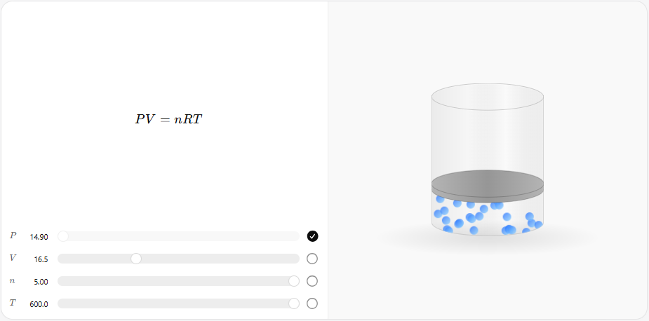 ChatGPT ideal gas law interactive with PV=nRT formula, sliders for pressure, volume, moles, and temperature at higher values, and a 3D container animation showing more gas molecules bouncing rapidly at 600 K temperature