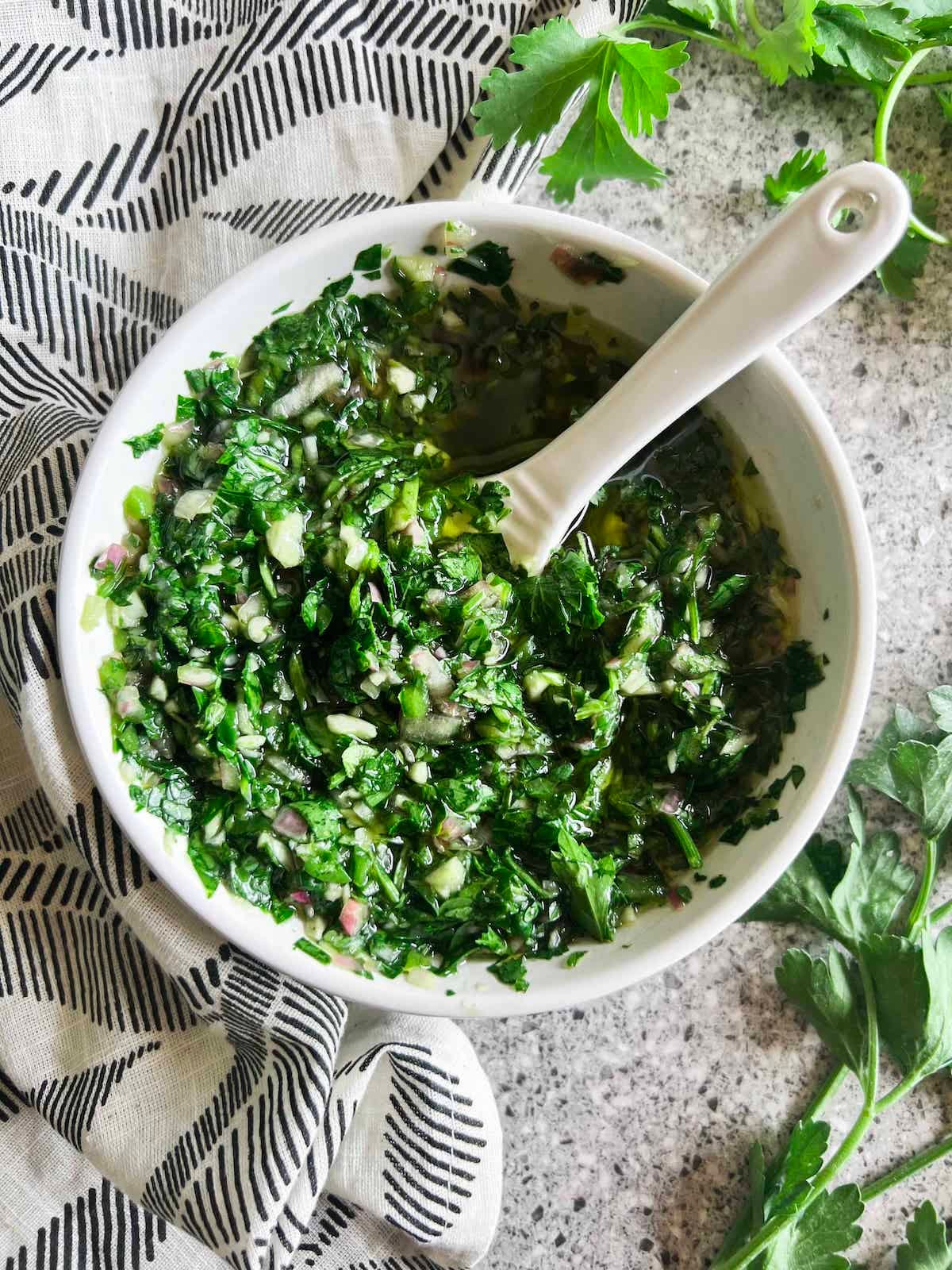 Small white bowl full of cilantro chimichurri sauce with a white spoon in it. Black and white patterned napkin and cilantro sprigs in the background. Small white bowl full of cilantro chimichurri sauce with a white spoon in it. Black and white patterned napkin and cilantro sprigs in the background.