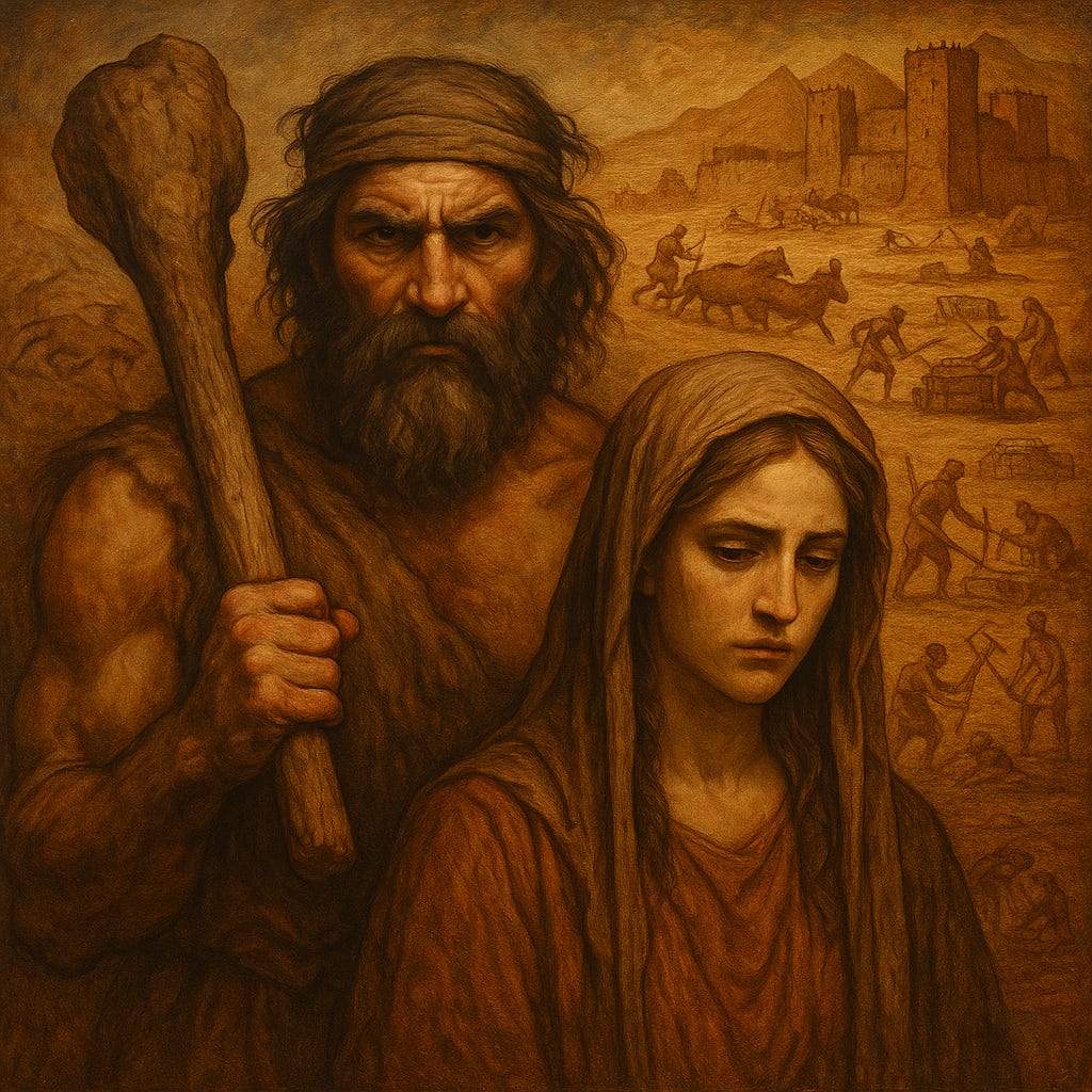 A digital painting depicting two central figures: a rugged, muscular man gripping a primitive wooden club and a somber, pensive woman draped in a simple hooded robe. The background shows an ancient society with hunters, fortified settlements, livestock, and early agricultural scenes, evoking themes of survival, control, and the beginnings of hierarchical civilisation. The palette is earthy and warm, giving the scene a timeless, ancient feel, while highlighting the emotional contrast between dominance and sorrow.