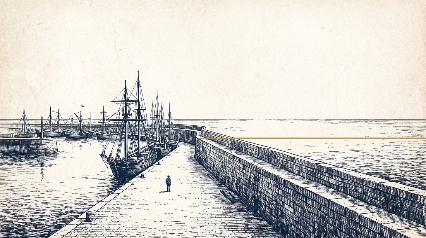 Grabado de un puerto: los barcos se resguardan tras el espigón mientras el mar, fuera, está alto. Ilustración de la semana. Grabado de un puerto: los barcos se resguardan tras el espigón mientras el mar, fuera, está alto. Ilustración de la semana.