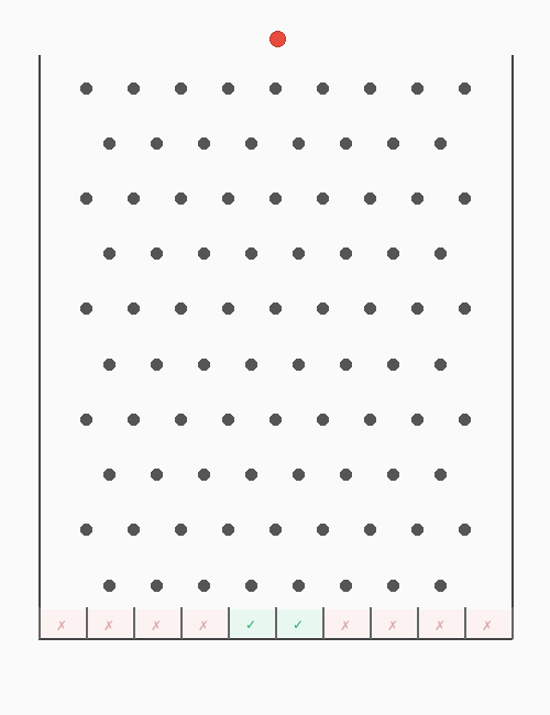 A puck bouncing through pegs on a Plinko board, landing in a bucket at the bottom A puck bouncing through pegs on a Plinko board, landing in a bucket at the bottom