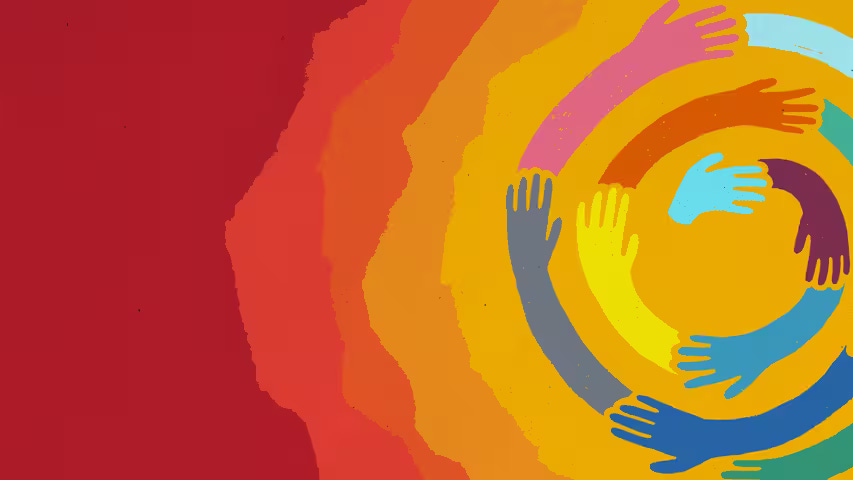 A digital illustration of arms and hands in many colors forming concentric circles.