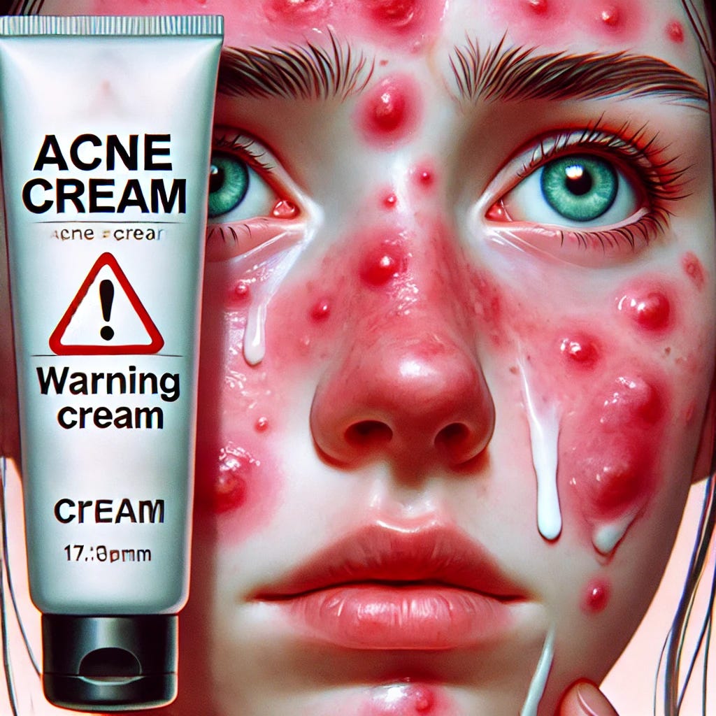 A striking illustration of a skincare mishap: a close-up of a person's face with irritated, red, and blotchy skin caused by a generic-looking acne cream tube. The cream tube has bold text saying 'Acne Cream' with a warning symbol beside it. The background is soft and minimal, focusing attention on the face and the product. The expression on the face conveys disappointment and frustration. A striking illustration of a skincare mishap: a close-up of a person's face with irritated, red, and blotchy skin caused by a generic-looking acne cream tube. The cream tube has bold text saying 'Acne Cream' with a warning symbol beside it. The background is soft and minimal, focusing attention on the face and the product. The expression on the face conveys disappointment and frustration.