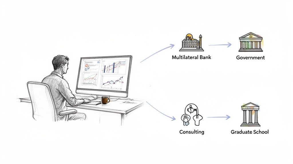 A person analyzing data on a computer, showing career paths to government, banking, consulting, and graduate school. A person analyzing data on a computer, showing career paths to government, banking, consulting, and graduate school.