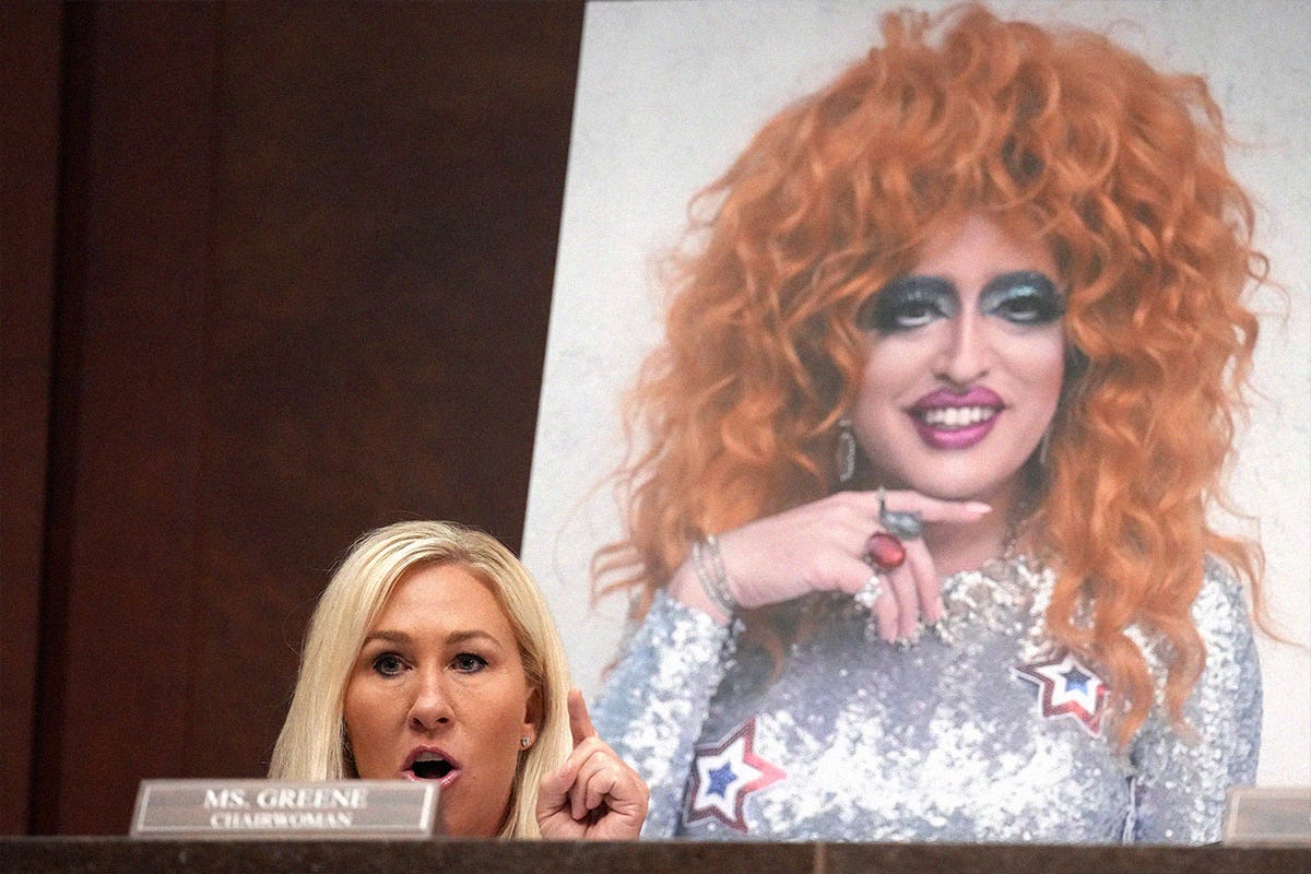 U.S. Rep. Marjorie Taylor Greene (R-SC) speaks in front of a photo of drag queen Lil Miss Hot Mess during a House Oversight and Government Reform Committee hearing at the U.S. Capitol on March 26, 2025 U.S. Rep. Marjorie Taylor Greene (R-SC) speaks in front of a photo of drag queen Lil Miss Hot Mess during a House Oversight and Government Reform Committee hearing at the U.S. Capitol on March 26, 2025