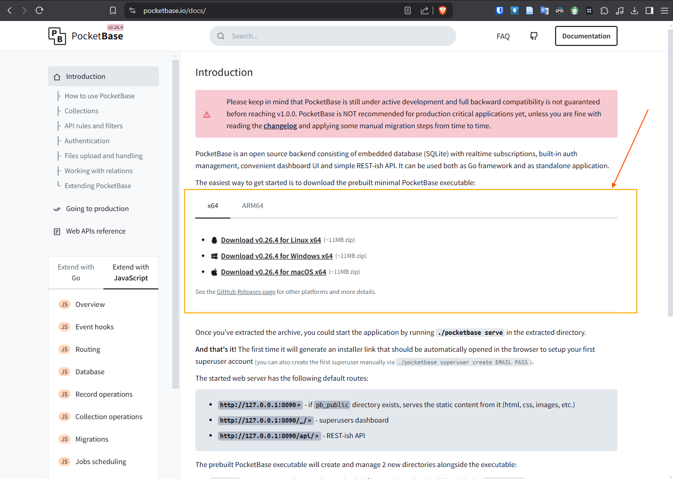 Pocketbase download section