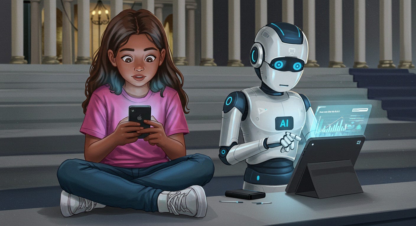 An AI generated cartoon of A young American Gen Z girl sitting on Capitol Hill watching a video online on her mobile phone . Next to her sits an AI robot analysing data points through a tablet device.