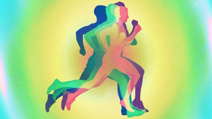 This may contain: two people are running with each other in the middle of a blurry image that appears to be colored