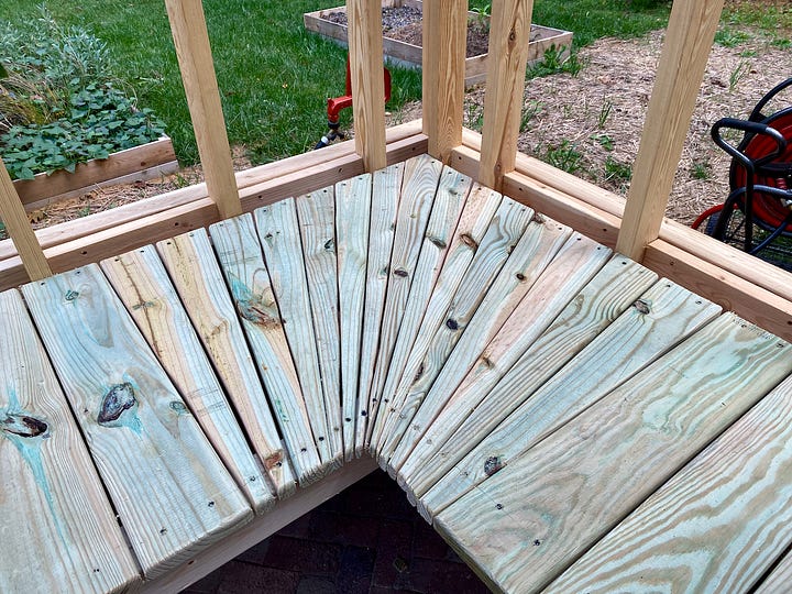 Lumber cut into a fan for decking corners.