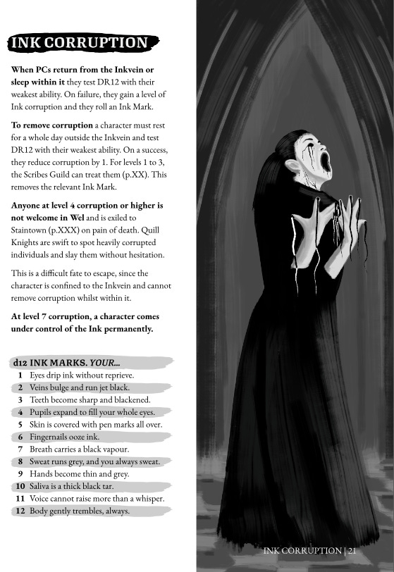 The corruption mechanics for Inkvein, and a portrait of a woman in a black robe weeping ink.