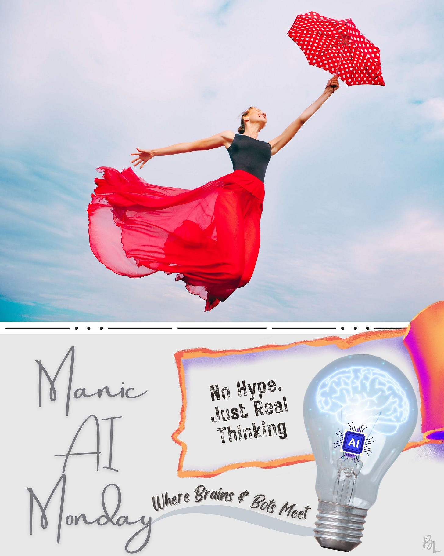 Woman flying through the sky with an umbrella representing Manic AI Monday. Woman flying through the sky with an umbrella representing Manic AI Monday.