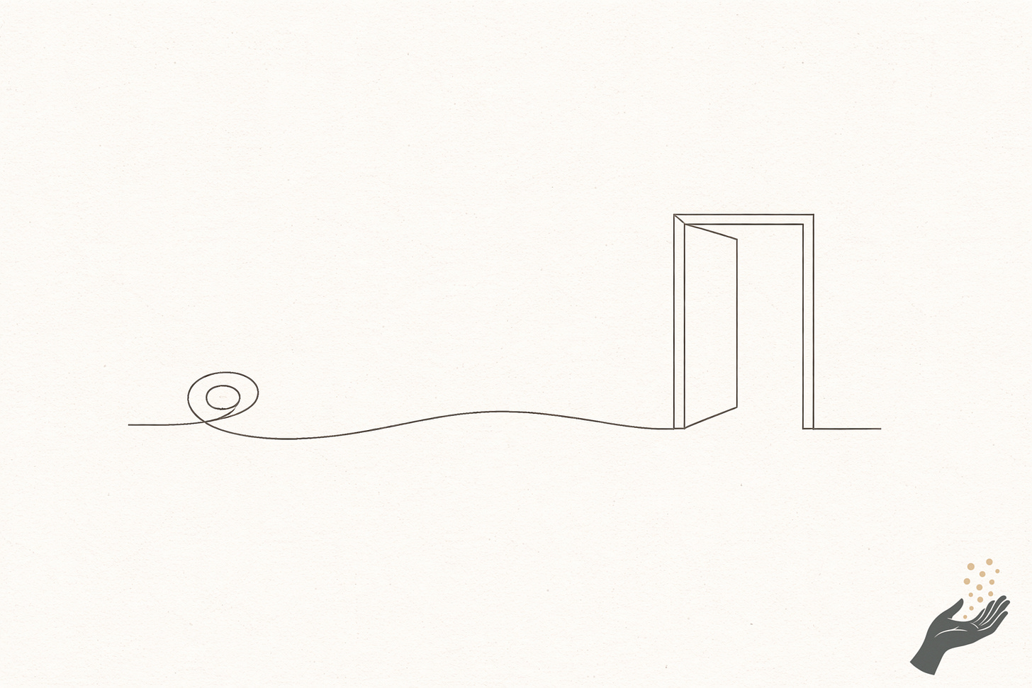 Minimalist line drawing on cream paper showing a thin curved line beginning at the left, forming a loose spiral, then straightening into a path that leads to a simple open door on the right.