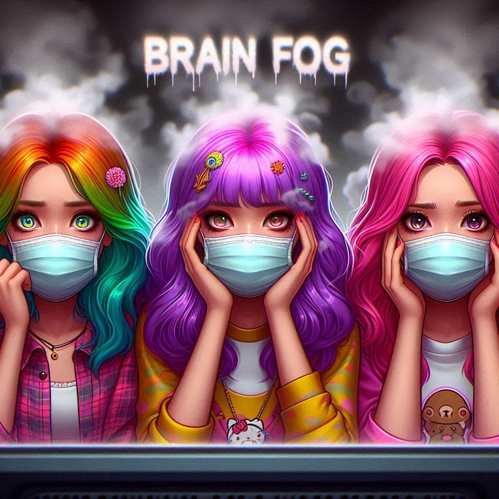 cartoon, photorealistic style, three teen girls with brightly colored hair and wearing covid masks, watching tv, hands held to their temples, staring at the viewers, worried and troubled looks on their faces, words floating above their heads say "Brain Fog" written in smoke