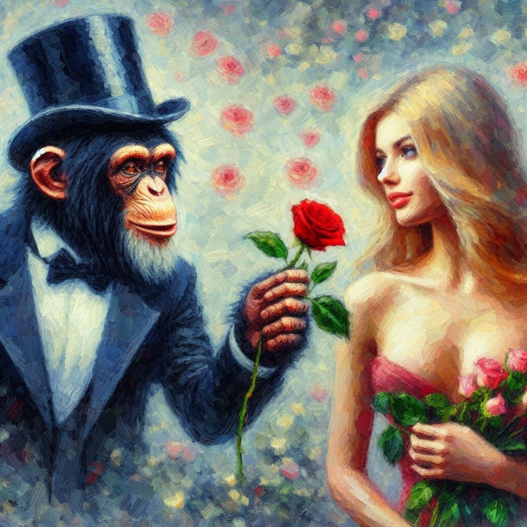 A chimpanzee in a top hat offers a rose to a beautiful blonde woman. Romance. Impressionist-style. A chimpanzee in a top hat offers a rose to a beautiful blonde woman. Romance. Impressionist-style.