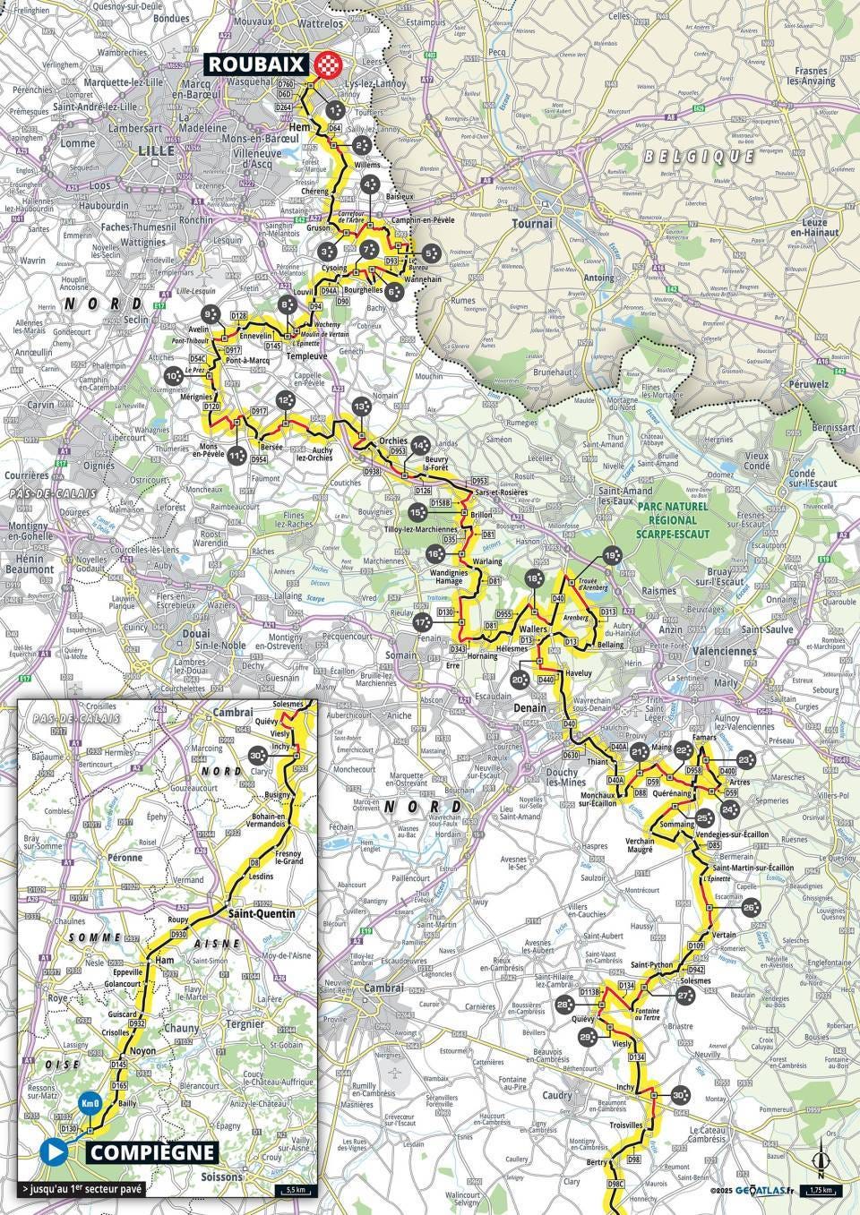 2025 Paris-Roubaix Race Map (Image Credit: Paris-Roubaix.fr)