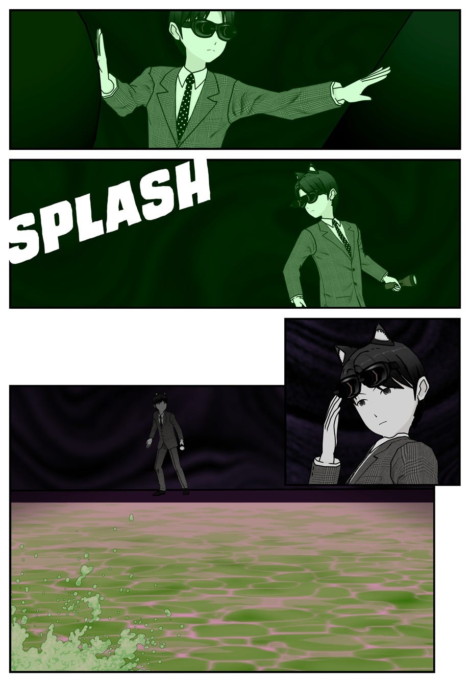 Ace continues until he hears a splash. He turns on the flashlight, removes the night vision goggles, and sees the pool of glowing acid in front of him.