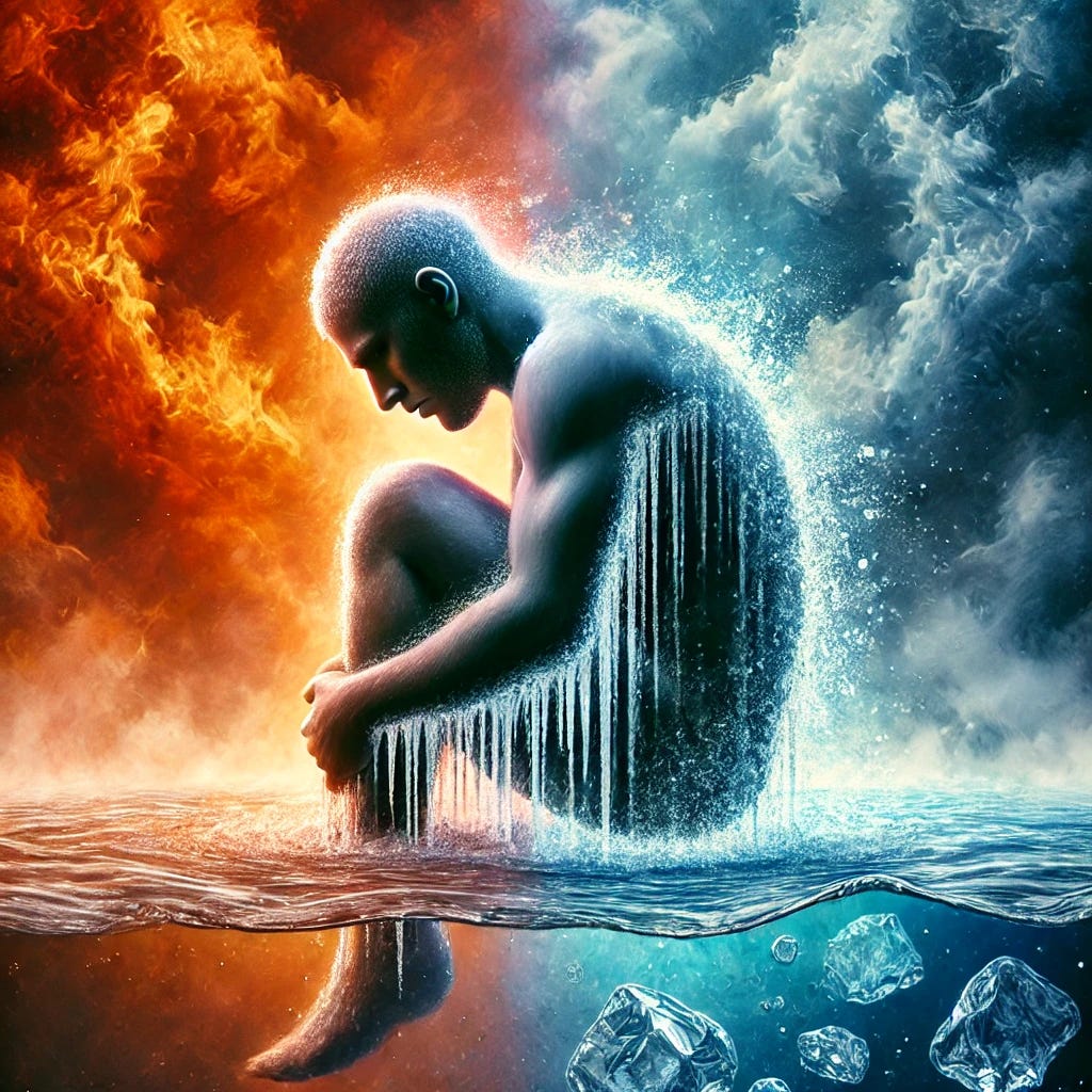 A striking surreal image depicting the concept of opponent process theory: a person moving between two extremes—one side immersed in icy cold water, the other side enveloped in steaming heat. The transition between the two is dramatic, symbolizing the contrast between pain and pleasure. The figure appears contemplative, experiencing both discomfort and deep relaxation at once. The background subtly blends elements of fire and ice, reinforcing the interplay of opposing forces.