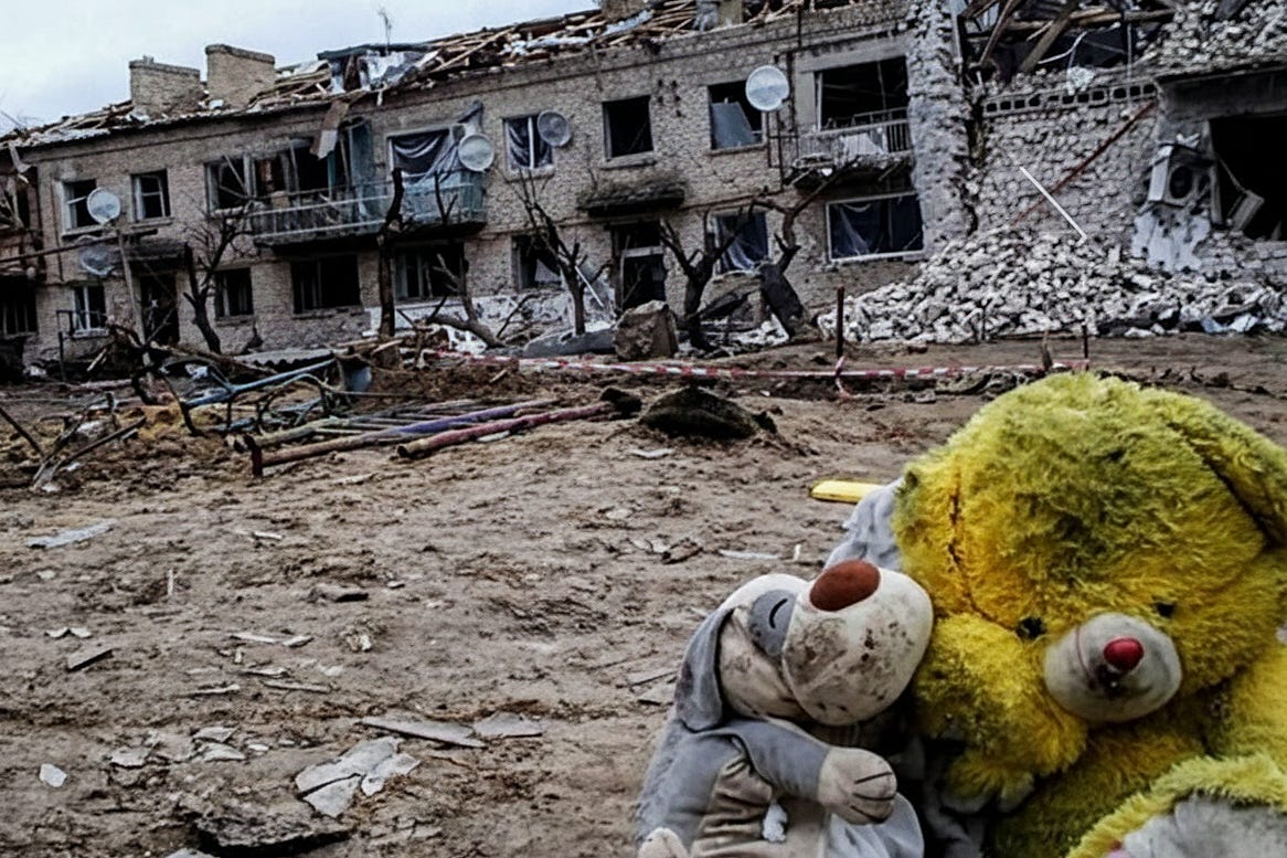 Two stuffed toys on the street in front of a ruined house
