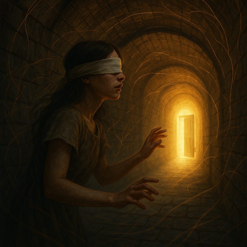Blindfolded woman walks through dark tunnel toward glowing open door, hands outstretched in search of light.