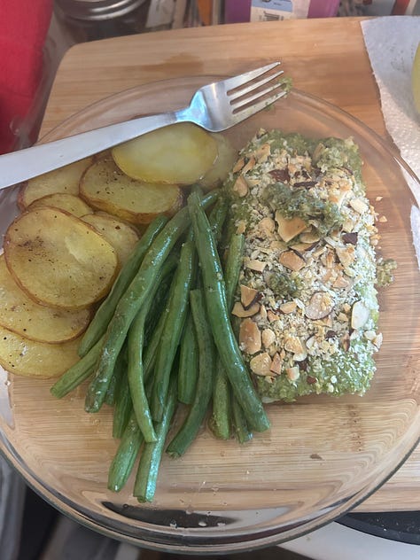 Phone alerts from the Happier and Calm apps, plus a Blue Apron meal