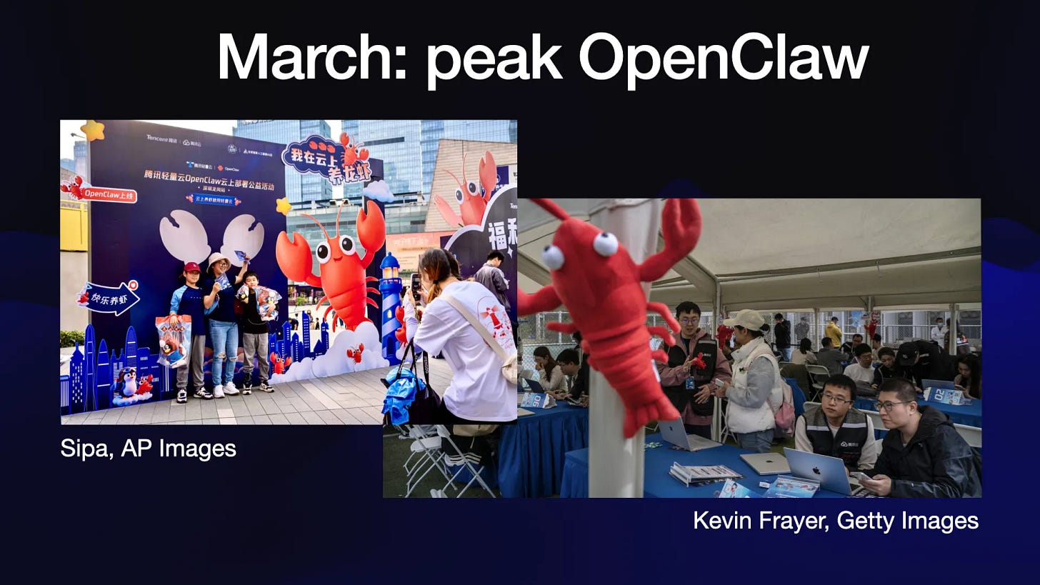 March: peak OpenClaw

Photos of people in china queuing up to install OpenClaw, with big fluffy lobsters.