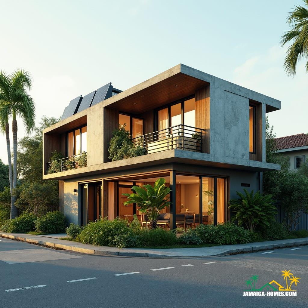 Kingston Tiny Corner L-Home
Design: Two 20-ft modules forming L-shape around a tiny corner garden and porch.
Materials: Concrete, steel, glass, timber for outdoor accents.
Features: Solar panels, cross-ventilation, thin vertical windows, small front garden.
Environment: Urban corner lot, streets on two sides, tropical plants, sunlight.
Style Notes: Ultra-modern, compact, sustainable, visually striking despite small footprint.