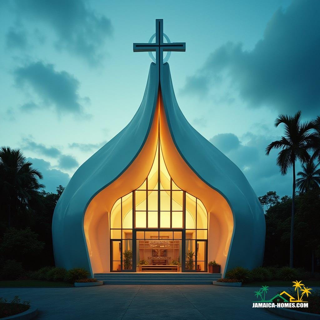 A modern church building in Jamaica, Caribbean, architecturally sculpted into the distinct shape of a Christian cross.