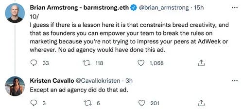Coinbase CEO tries to weave a compelling story about how their own team  came up with a Super Bowl ad that "broke the rules on marketing", is  quickly revealed to just be