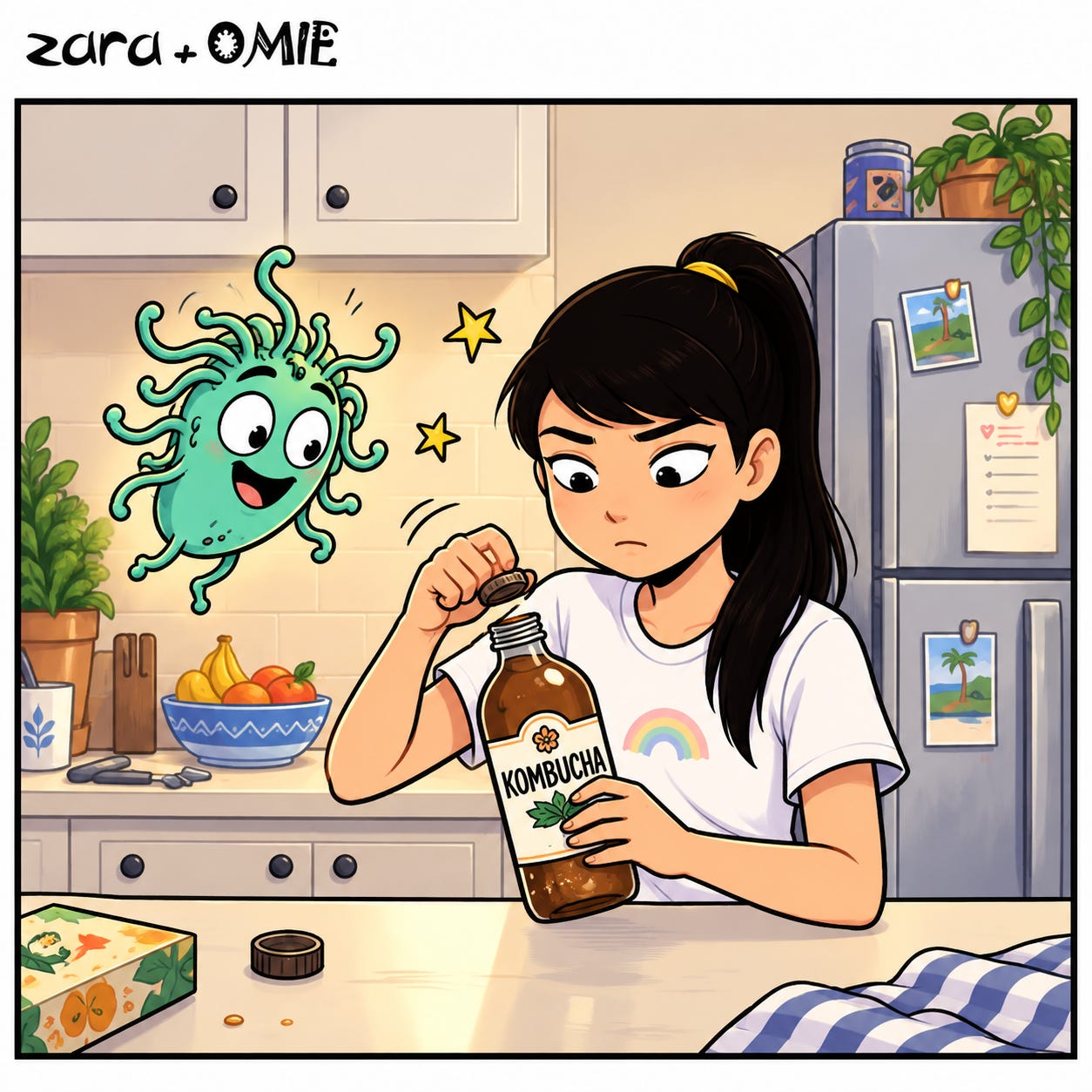A bottle of kombucha makes a dramatic entrance.