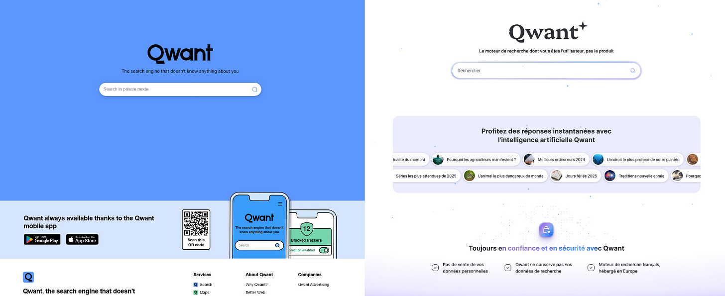 2 écrans de la page d'accueil web qwant avec l'un aux graphismes de l'IA