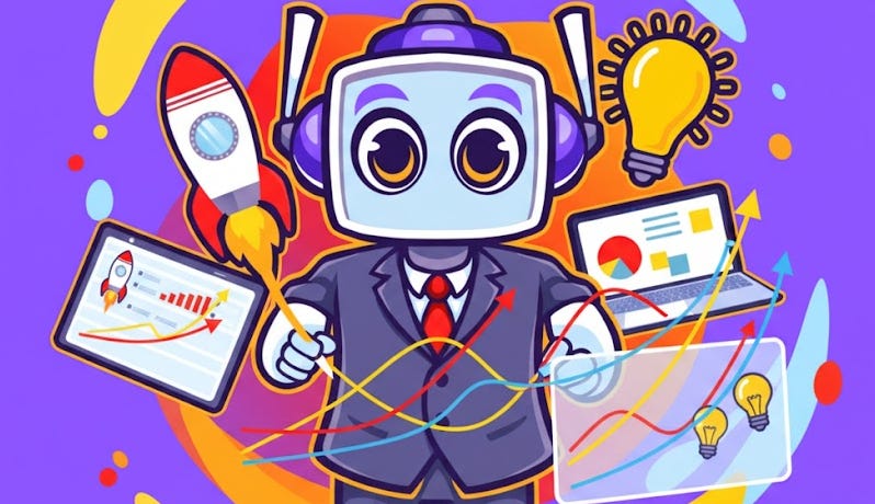 A rectangular image featuring the Neuralbuddy character, a light blue robot in a suit and red tie, sketching colorful growth trajectory curves across multiple digital screens and transparent panels. The background is a vibrant purple (#8c52ff) with creative gradient patterns in yellow, red, and blue. The character is surrounded by various tech elements like a rocket, lightbulb, laptop, and tablet, all in the style and color scheme of the provided attachment. A rectangular image featuring the Neuralbuddy character, a light blue robot in a suit and red tie, sketching colorful growth trajectory curves across multiple digital screens and transparent panels. The background is a vibrant purple (#8c52ff) with creative gradient patterns in yellow, red, and blue. The character is surrounded by various tech elements like a rocket, lightbulb, laptop, and tablet, all in the style and color scheme of the provided attachment.