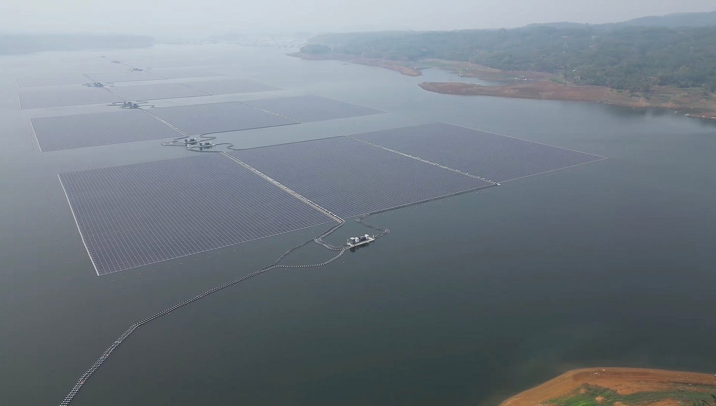 Floating solar panel generator in Cirata water reservoir, West Java, with 192 Mega Watt peak capacity, expected to distribute 15 KWh electricity to each of 50,000 houses daily, and can reduce carbon emission by 214,000 tons/year. Floating solar panel generator in Cirata water reservoir, West Java, with 192 Mega Watt peak capacity, expected to distribute 15 KWh electricity to each of 50,000 houses daily, and can reduce carbon emission by 214,000 tons/year.