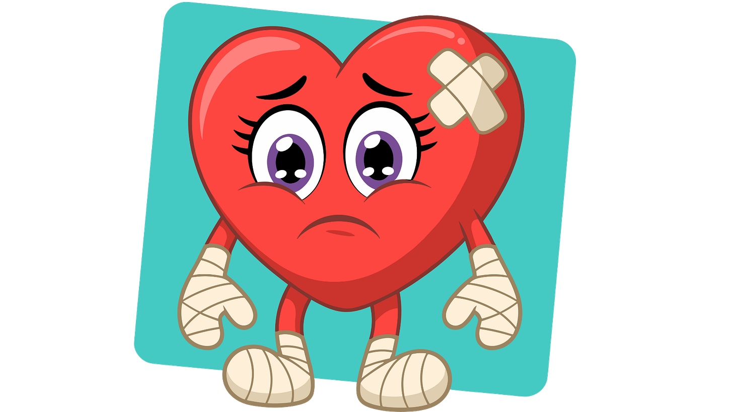 Illustration of a sad red heart with big eyes, bandages, and a small patch on its forehead, representing vulnerability, fear, and the first step toward healing. Illustration of a sad red heart with big eyes, bandages, and a small patch on its forehead, representing vulnerability, fear, and the first step toward healing.