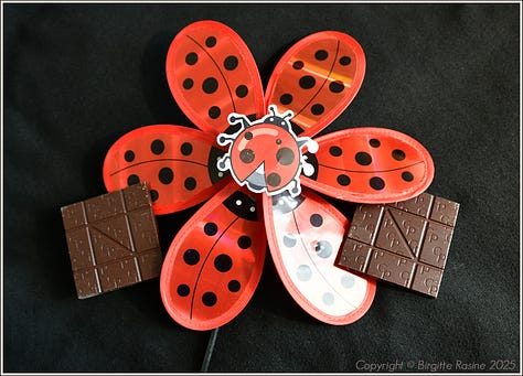 Chocolat Philippe bar display with a red ladybug pinwheel