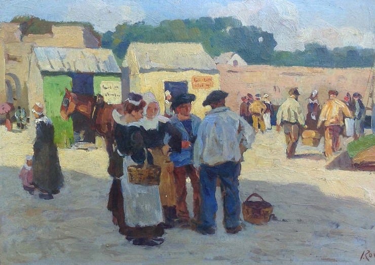 'Op de markt' - olieverf op board: Jacques Zon (herkomst: coll. Galerie Wijdemeren)