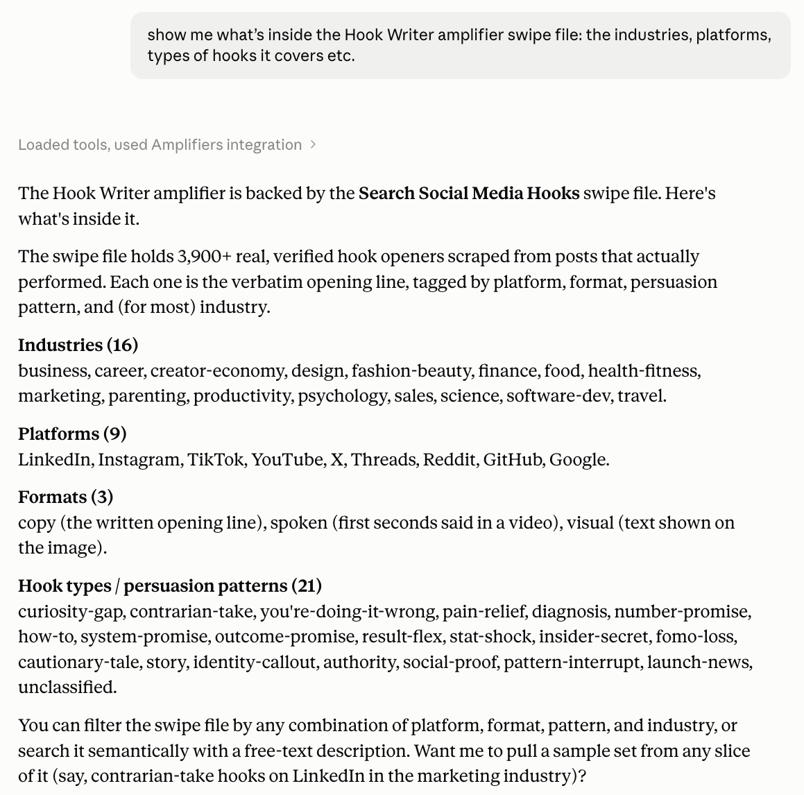 AI assistant showing the industries, platforms, content formats, and persuasion patterns covered by the Hook Writer swipe file. AI assistant showing the industries, platforms, content formats, and persuasion patterns covered by the Hook Writer swipe file.